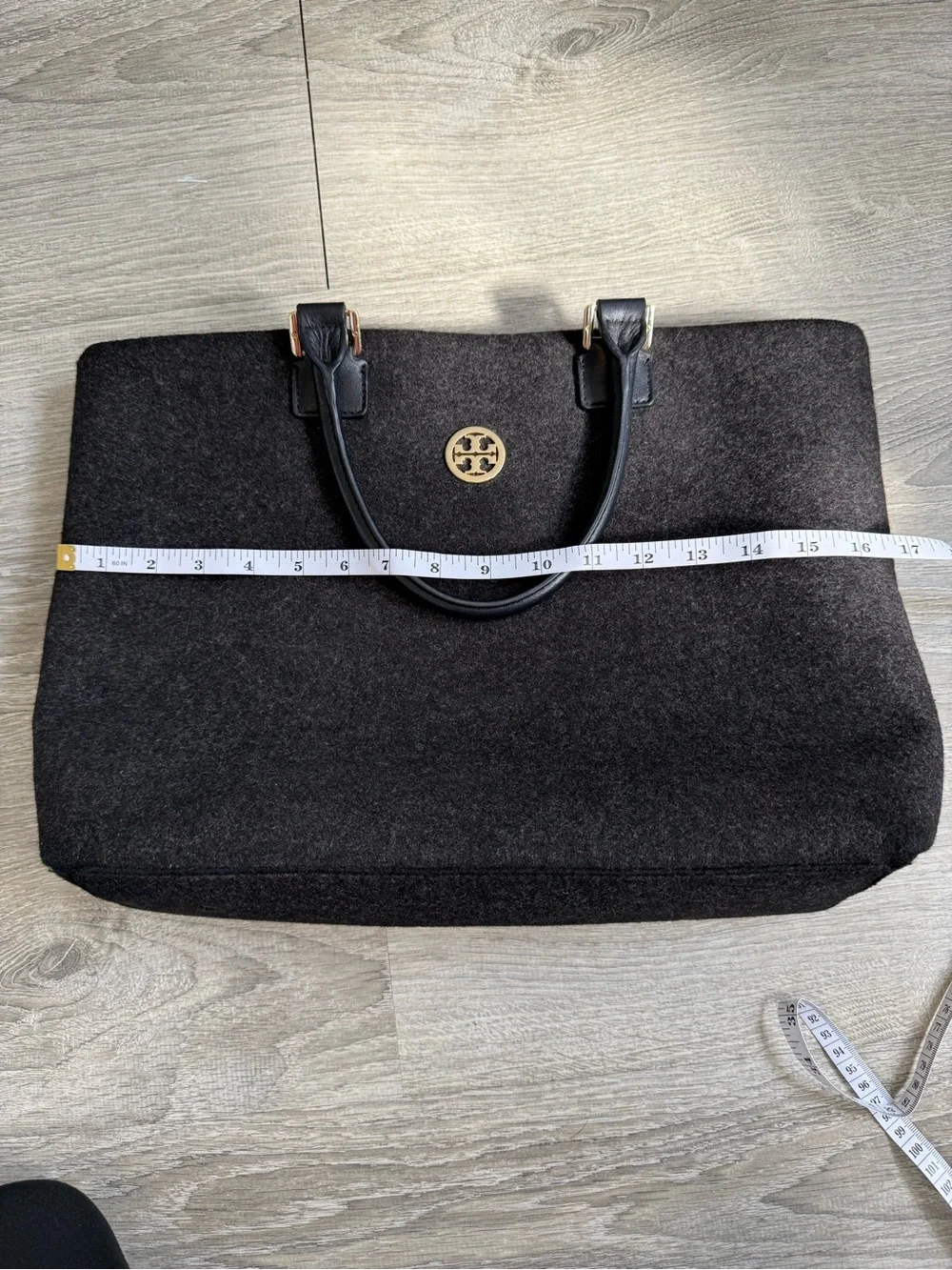 Tory Burch Black Wool Tote with Gold Logo